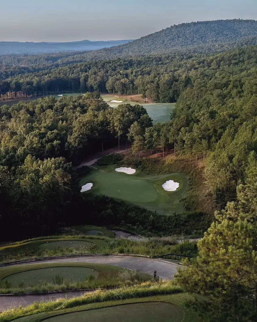 Looking down onto a green and its bunkers at FarmLinks at Pursell Farms from well above, enclosed by Alabama hardwood forest.