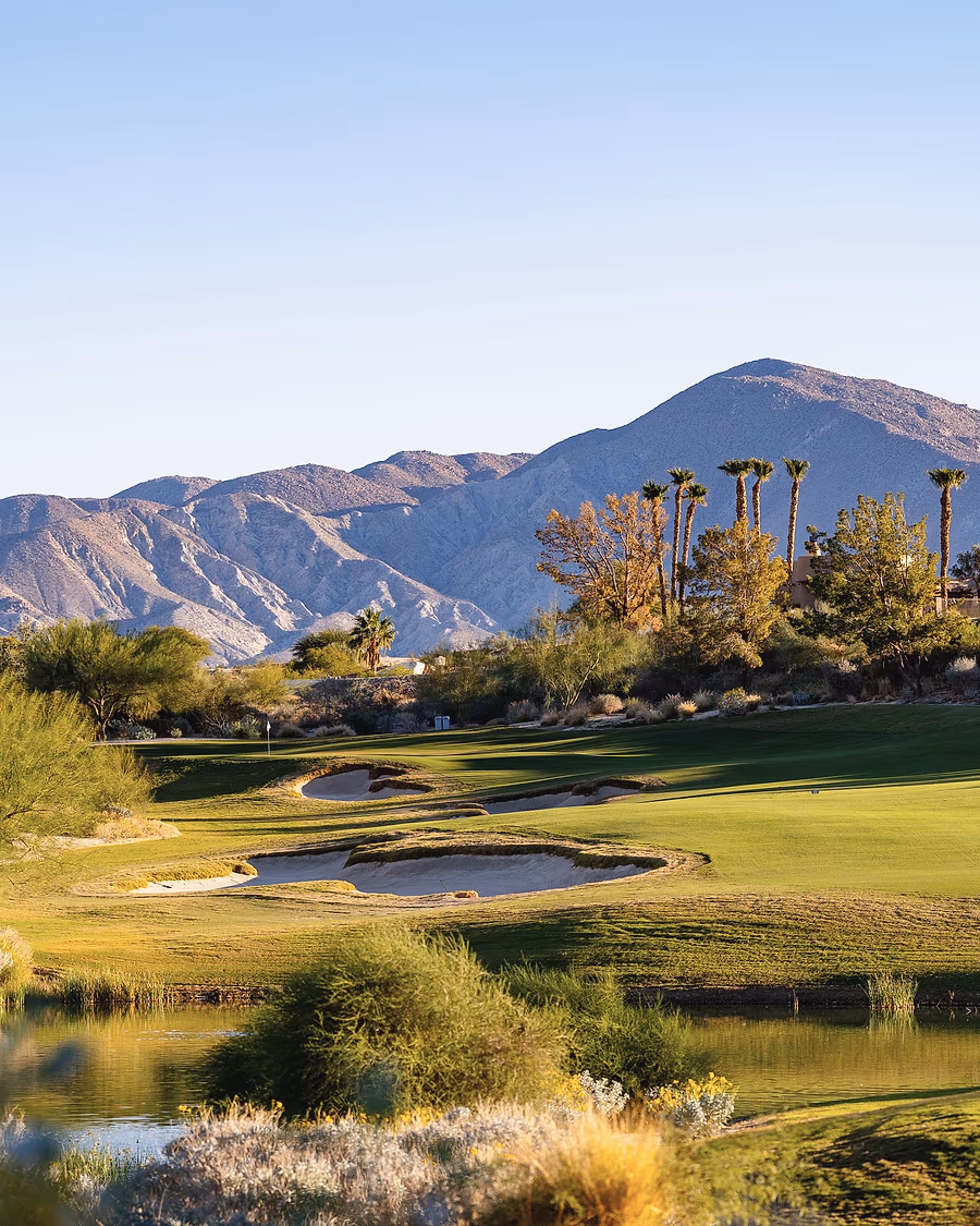 A desert mountain rising behind palms in golden light at Rams Hill Golf Club, with water and bunkers in the foreground.